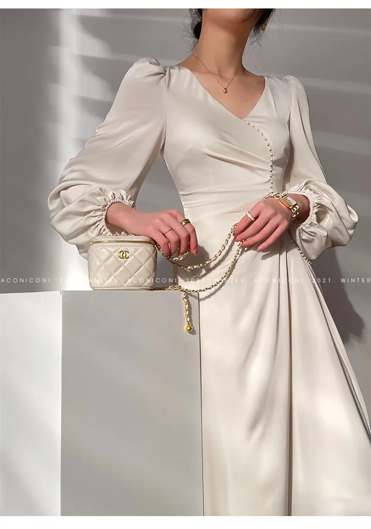 Aconiconi｜Classic Simple French Tea Break Light Luxury High Sense Dress Long Skirt- Eloisa