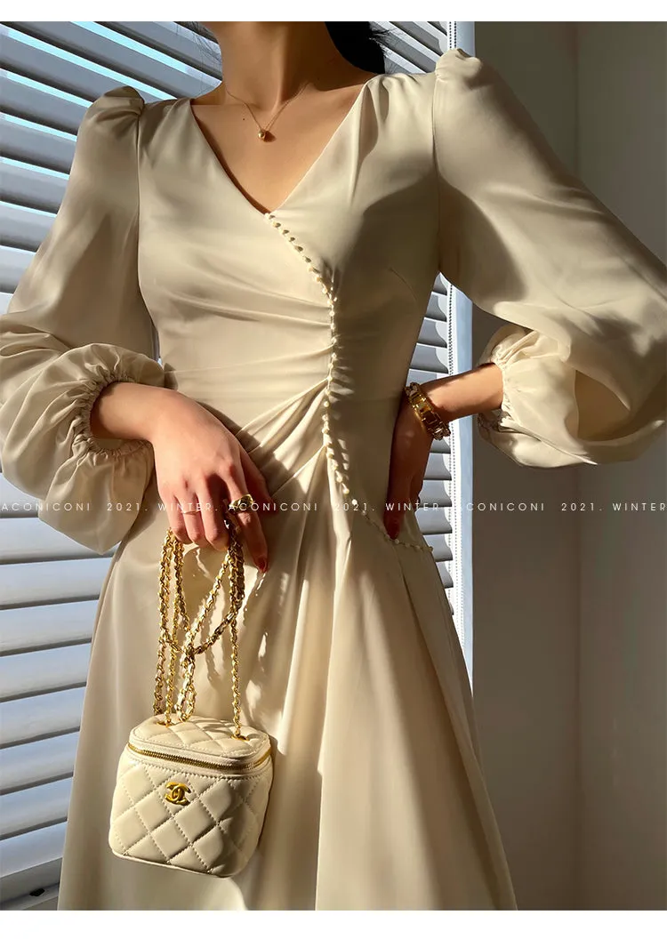 Aconiconi｜Classic Simple French Tea Break Light Luxury High Sense Dress Long Skirt- Eloisa