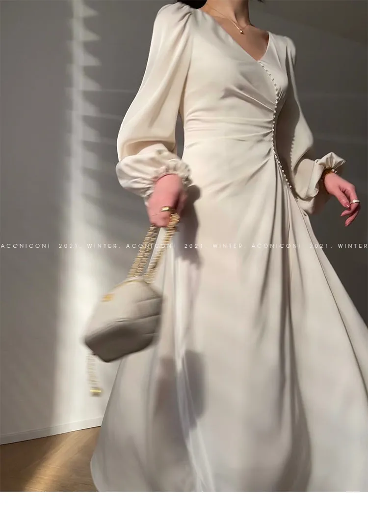 Aconiconi｜Classic Simple French Tea Break Light Luxury High Sense Dress Long Skirt- Eloisa