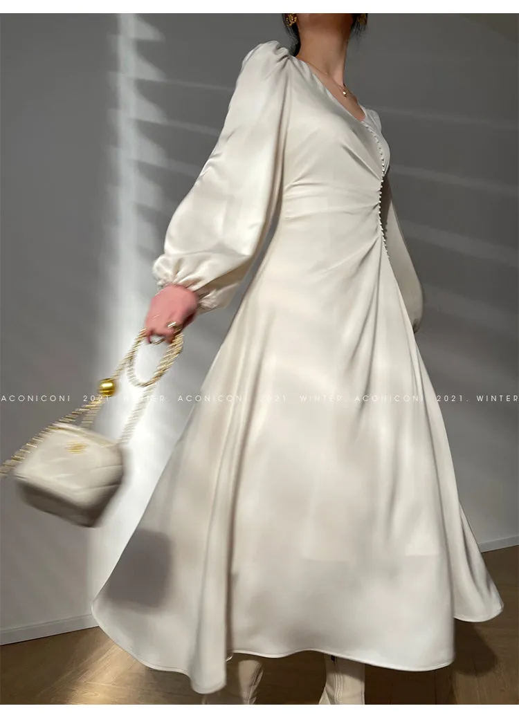 Aconiconi｜Classic Simple French Tea Break Light Luxury High Sense Dress Long Skirt- Eloisa