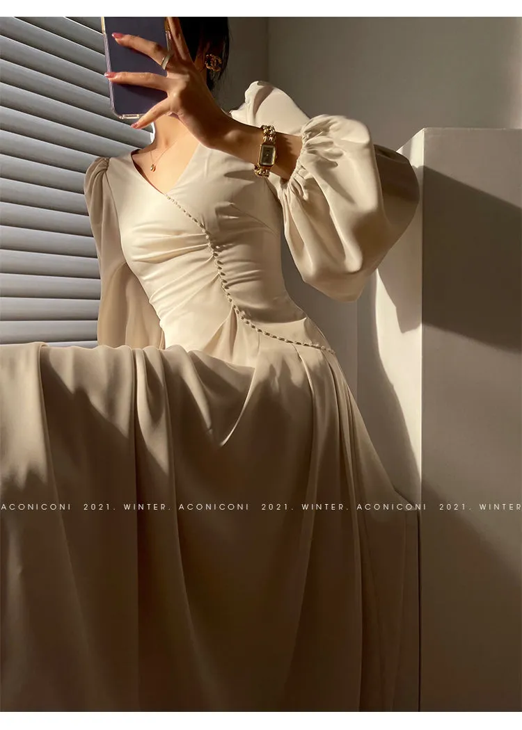 Aconiconi｜Classic Simple French Tea Break Light Luxury High Sense Dress Long Skirt- Eloisa