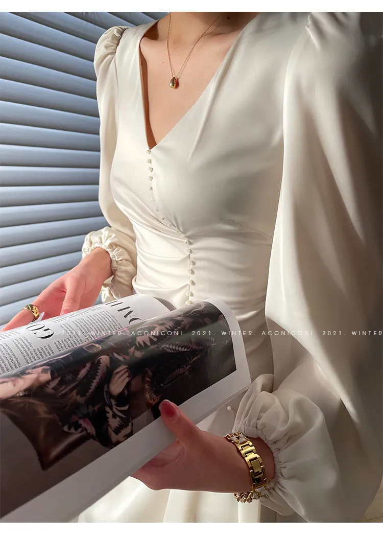 Aconiconi｜Classic Simple French Tea Break Light Luxury High Sense Dress Long Skirt- Eloisa