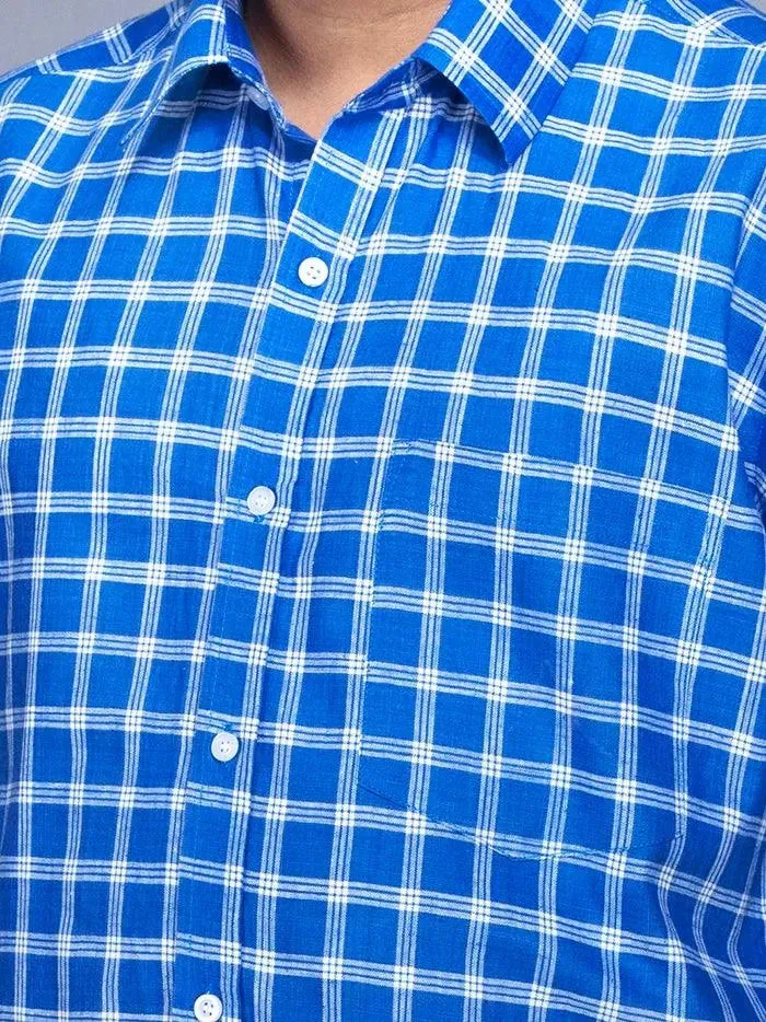 Blue Handwoven Organic Cotton Checks Fitted Men Shirt