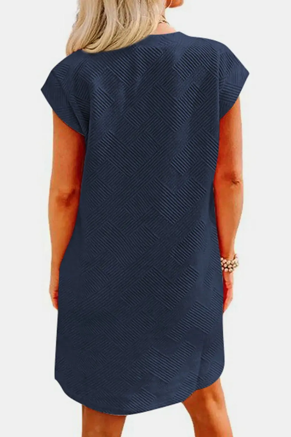 Fashion Women Dress Textured Round Neck Cap Sleeve Casual Dress
