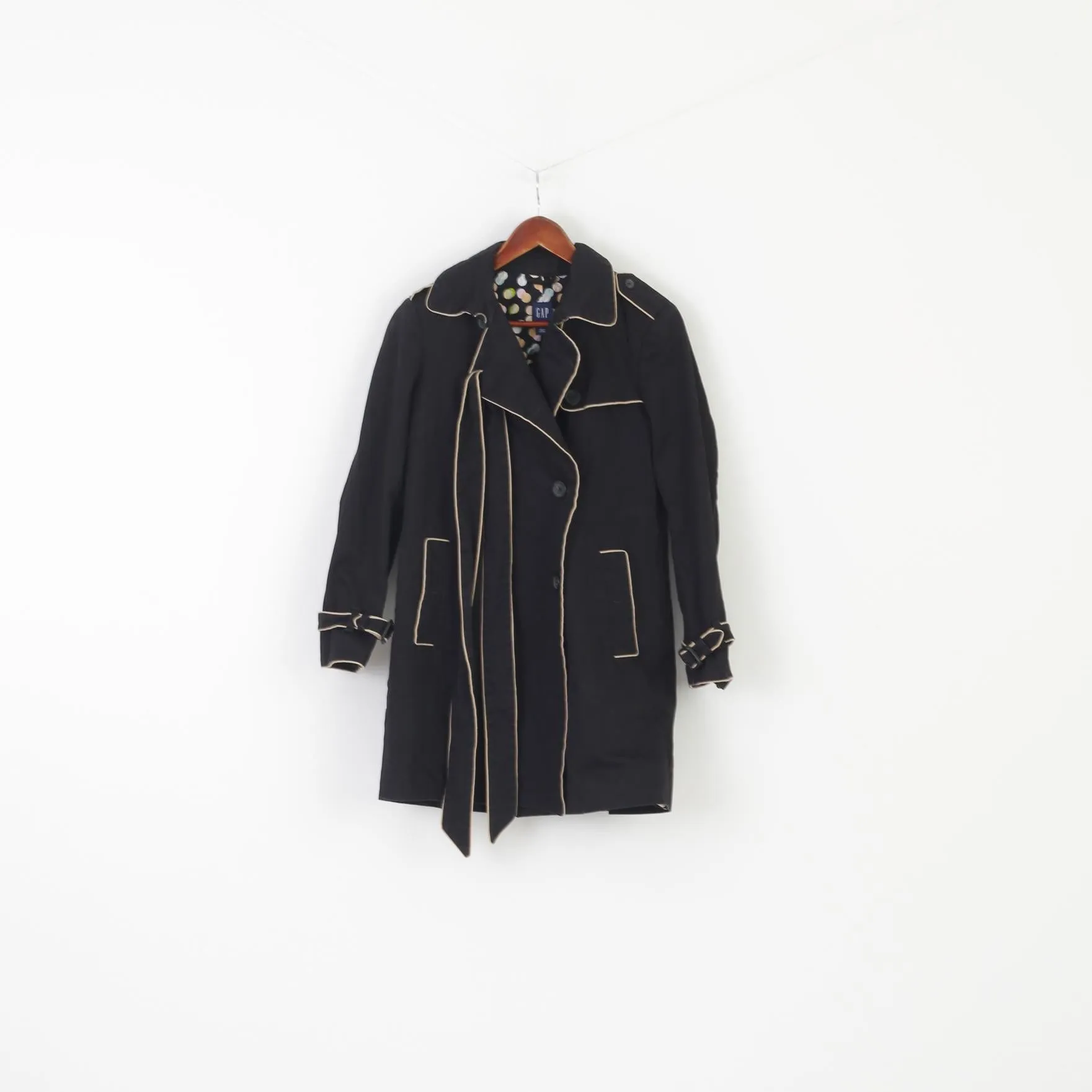 Gap Women S Coat Black Cotton Casual Design dots Vintage Belted Top