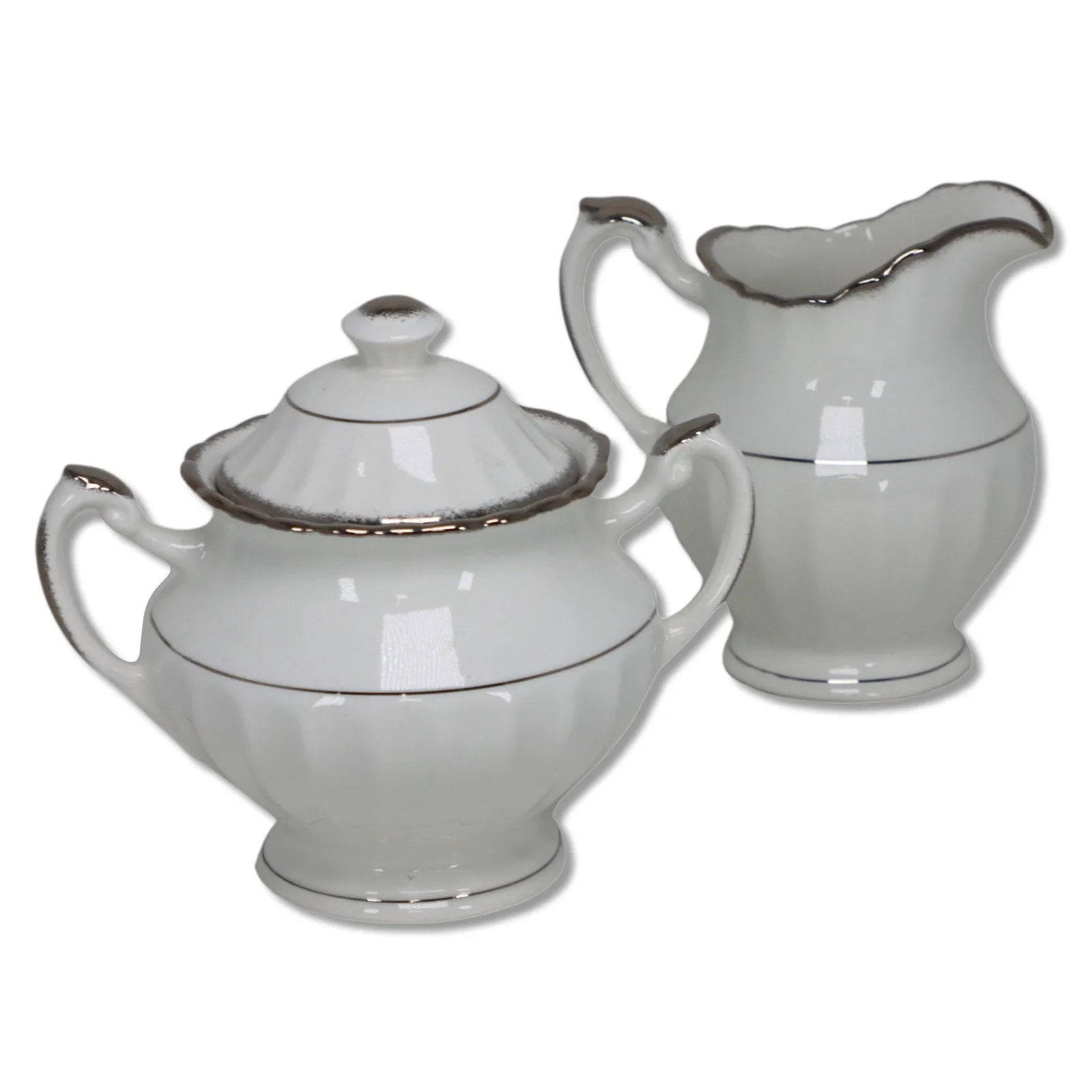 J & G Meakin Classic White Cheltenham Silver Creamer Sugar Bowl Flutted 1960's