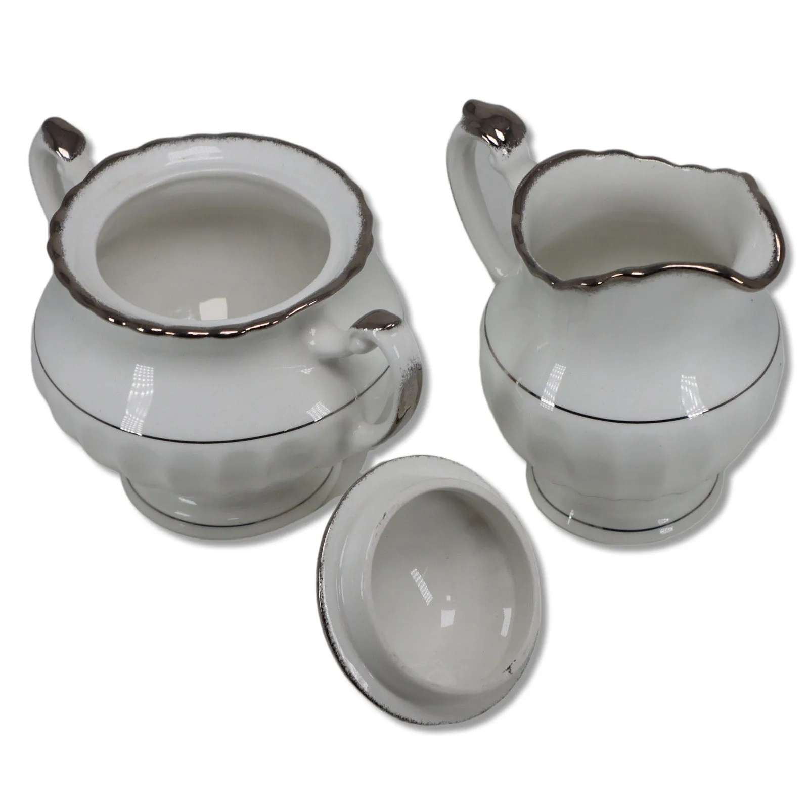 J & G Meakin Classic White Cheltenham Silver Creamer Sugar Bowl Flutted 1960's
