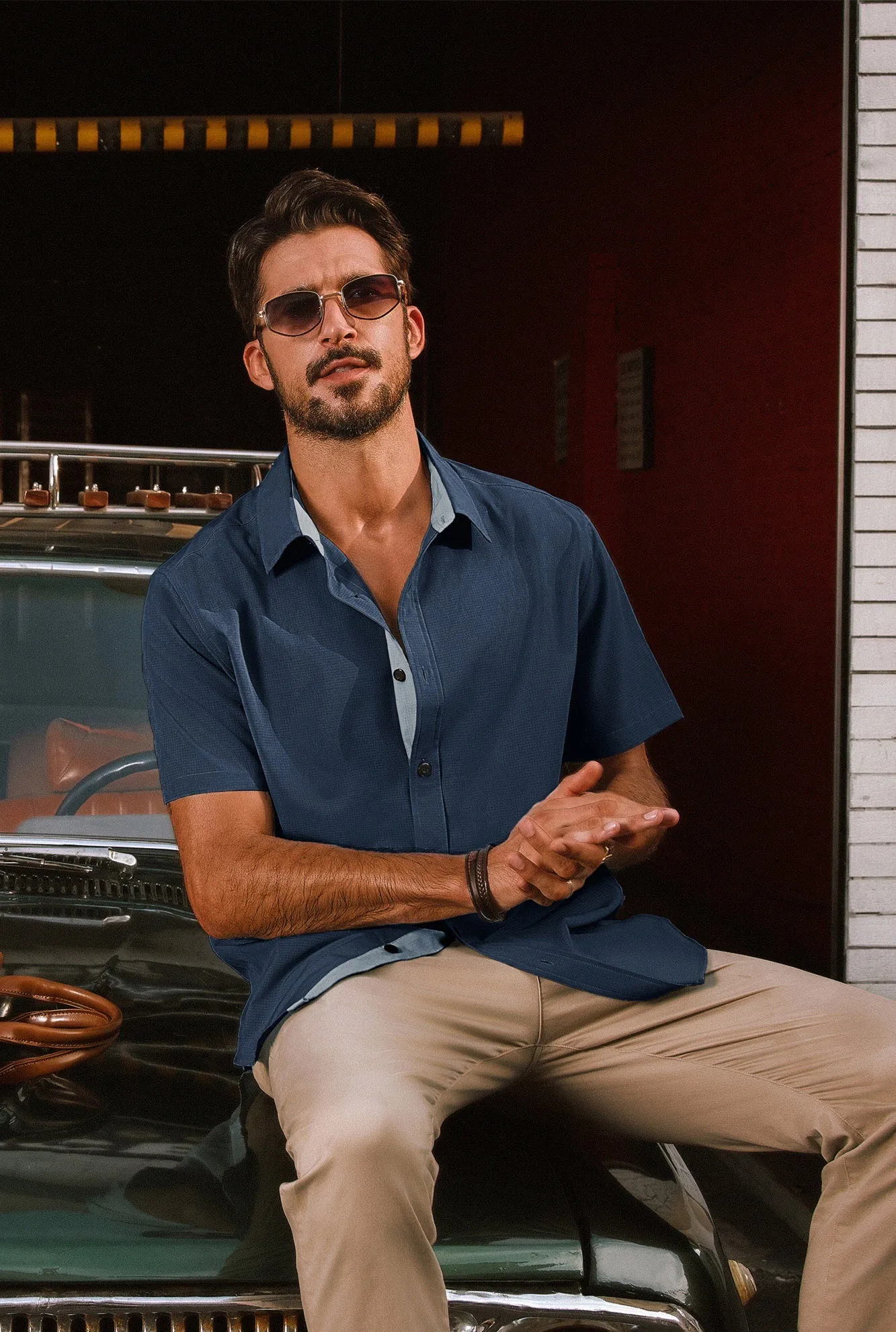 Men Basic Shirt Casual Short Sleeve Classic Collar Curved Hem Shirt Tops