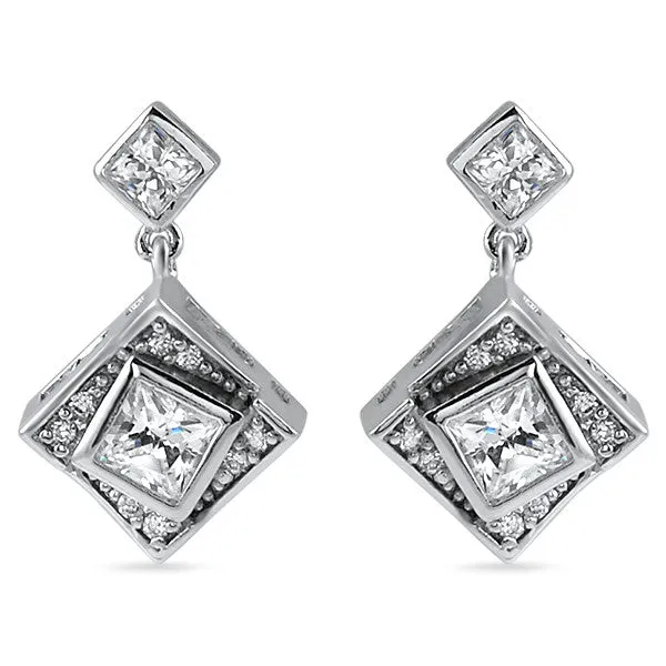 Silver Princess Cut CZ Drop Down Earrings