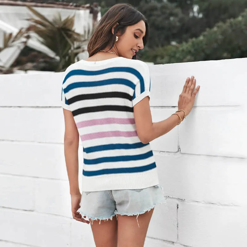 Summer striped knitted short-sleeved top