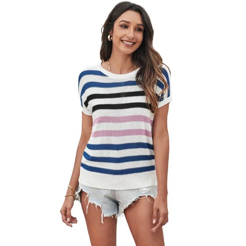Summer striped knitted short-sleeved top