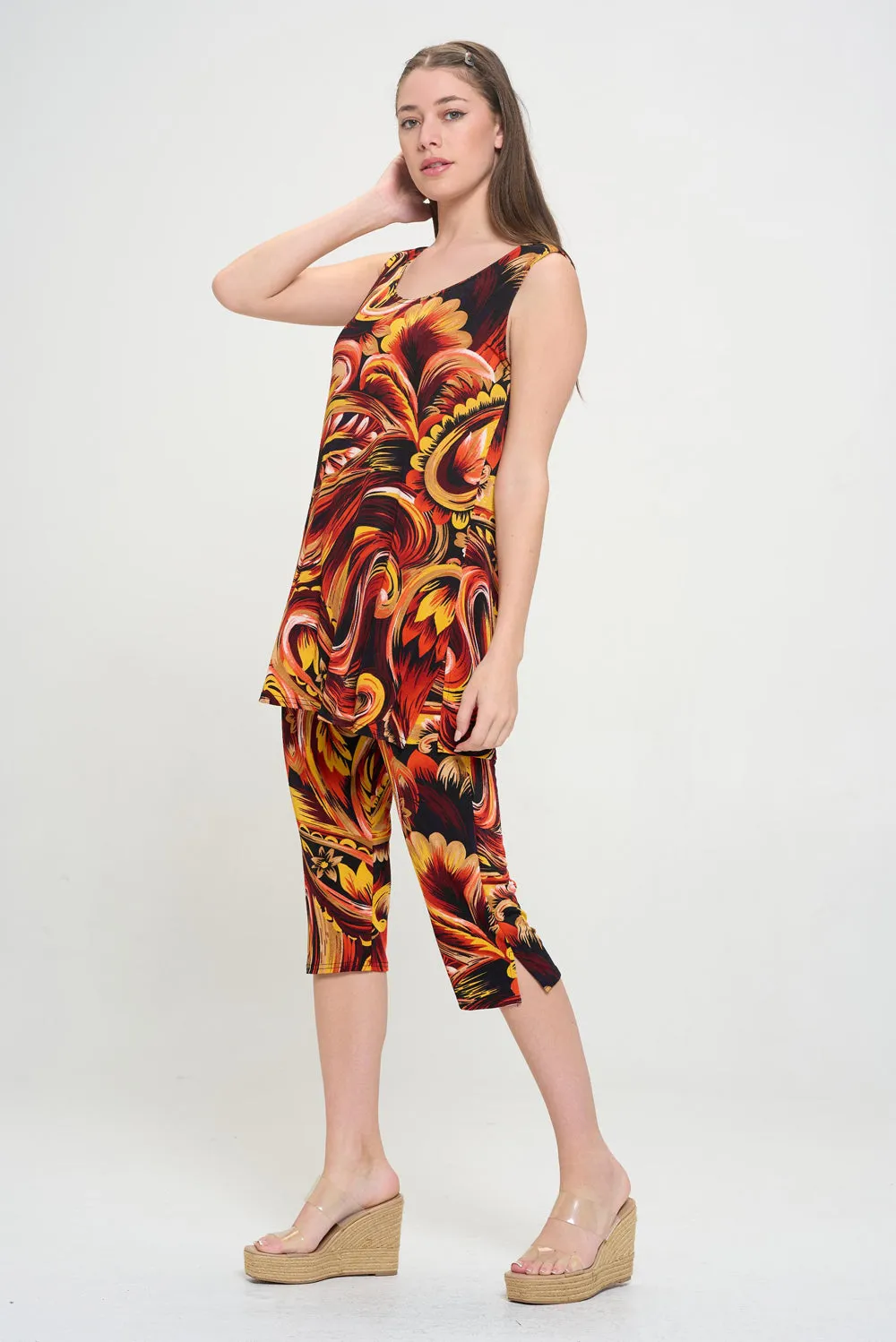 Two-Piece Sleeveless Top & Capri Pant Set-9002BN-TRP1-W435