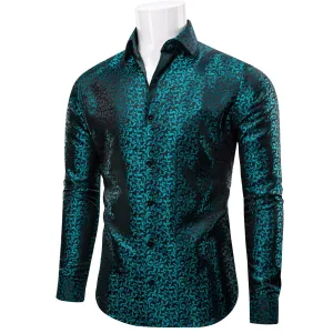 YourTies Teal Green Nile Blue Black Floral Leaf Mens Long Sleeve Shirt